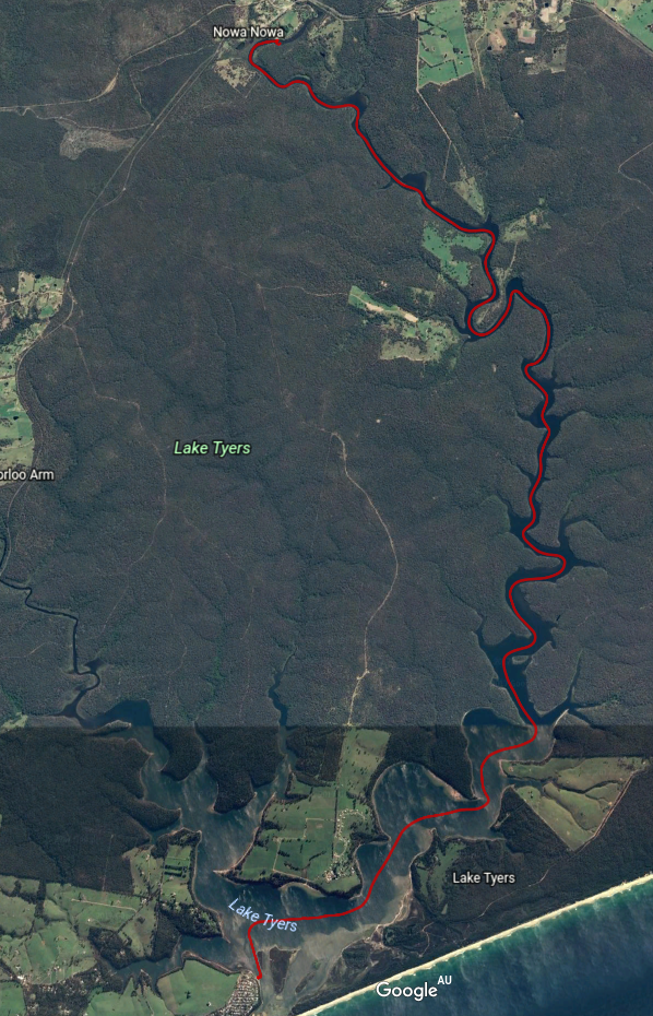 GoogleEarth view of our trip up Lake Tyers